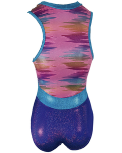 Leotardo Gimnasia niña, Modelo 17240-21 - Rosa Multi color cortes pico y cuello turquesa y morado glitter en internet