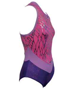Leotardo Gimnasia niña, Modelo 17240-17 - Glitter con pico en V, telaraña rosa y morado calzón - buy online