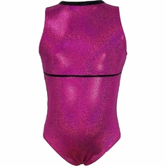Leotardo Gimnasia niña, Modelo 18640-33-Rosa - Glitter Rosa fucsia con espalda en flor, bies en cuello y corte con bies en línea en el busto