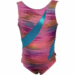 Leotardo Gimnasia niña, Modelo 17010-26 - Estampado multicolor con cintas girando en turquesa