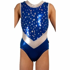 Leotardo Gimnasia niña Modelo 17240-9 - Rey con Estrellas con cortes en pico y cuello en plata - Velox