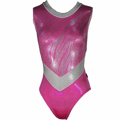 Leotardo Gimnasia niña, Modelo 17240-20 - Glitter atigrado rosa cortes en pico cuello en plata glitter y fucsia