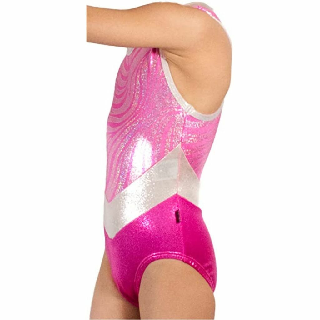 Leotardo Gimnasia niña, Modelo 17240-20 - Glitter atigrado rosa cortes pico cuello glitter y fucsia