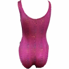 Leotardo Gimnasia niña, Modelo 19050-5 - Glitter fucsia multicolor con cortes horizontales frente turquesa on internet