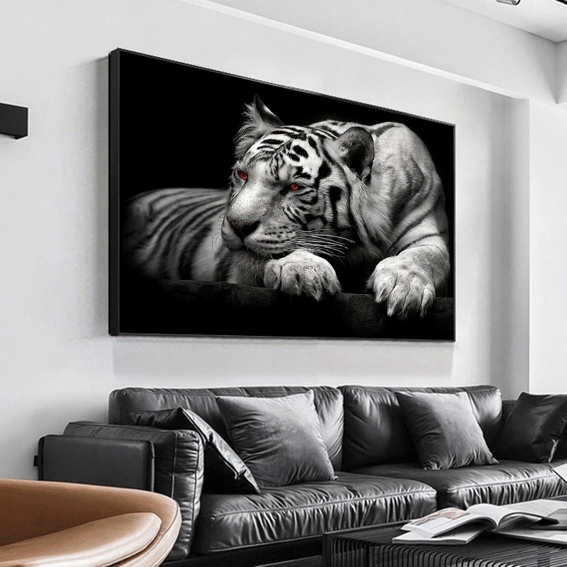 Quadro Decorativo Tigre Preto e Branco Olhos Azuis