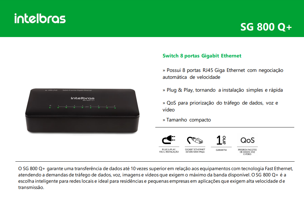 Switch Intelbras 8 Portas GIGA SG 800 Q+