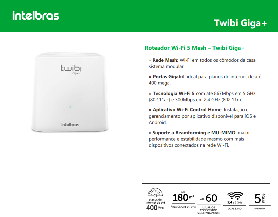 Roteador Wi-Fi Intelbras Twibi Giga+ AC1200 Kit 2 unidades