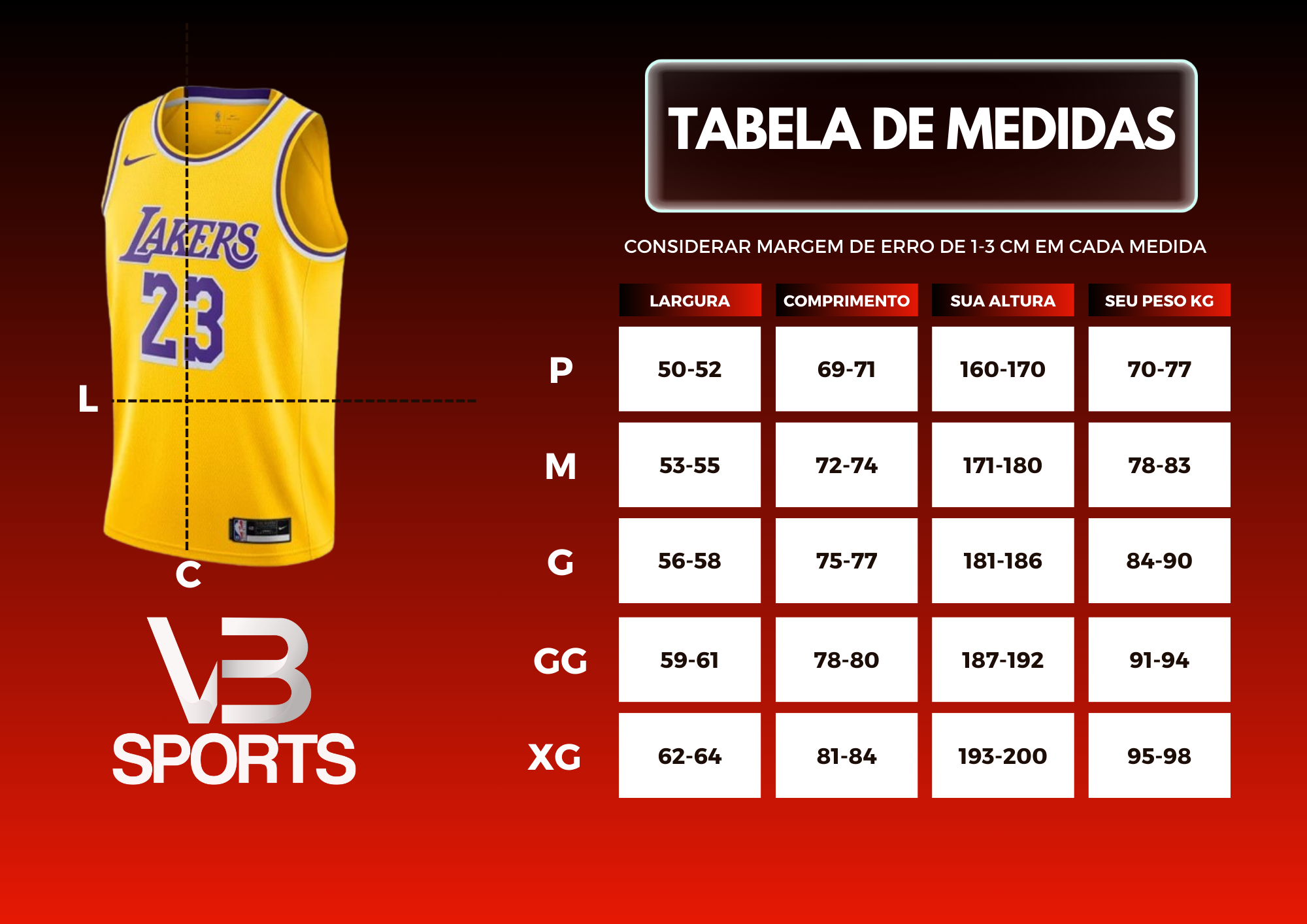 Tabela de Medidas NBA