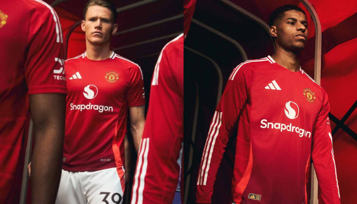 camisa titular do Manchester United para a temporada 2024-2025 apresenta um design predominantemente vermelho com tons inspirados nas luzes de Old Trafford. Os arcos laterais que se juntam nas costas têm um tom mais claro, enquanto as três listras nas mangas e detalhes na gola são brancos.