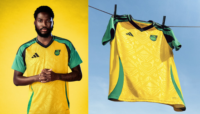 A nova camisa titular da Seleção Jamaica Adidas 2024-2025 apresenta um design vibrante em amarelo com gráfico em jacquard que representa a cultura do país, gola V preta com friso verde, mangas com três listras pretas e recortes laterais em verde, escudo da Jamaica no lado esquerdo e logo da Adidas no lado direito.