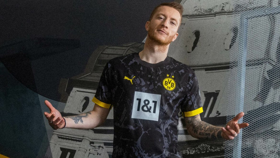 Camisa reserva Borussia Dortmund 2023/24 - Design preto e amarelo, escudo do clube no peito | Tevo Sports