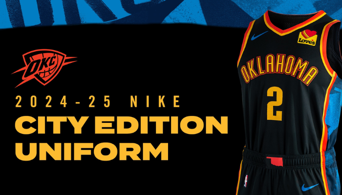 O uniforme City Edition 2024-25 do Oklahoma City Thunder, criado em parceria com a Nike, apresenta um design vibrante e exclusivo que celebra a evolução da cidade. As cores vibrantes, o padrão personalizado no painel lateral e as letras OKLAHOMA no peito