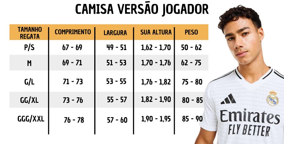 GUIA DE TAMANHOS DE CAMISA DE TIME VERSÃO JOGADOR