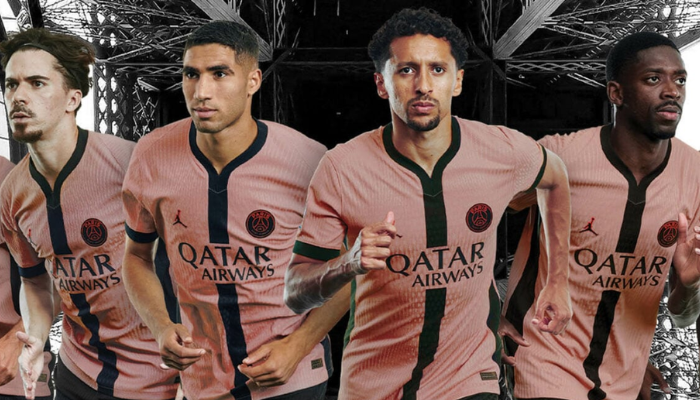 A terceira camisa do Paris Saint-Germain, uma colaboração exclusiva com a Jordan, apresenta um design elegante e moderno em tons de rosa e preto. A faixa vertical central, a gola Y e os detalhes nos punhos e laterais criam um visual marcante.