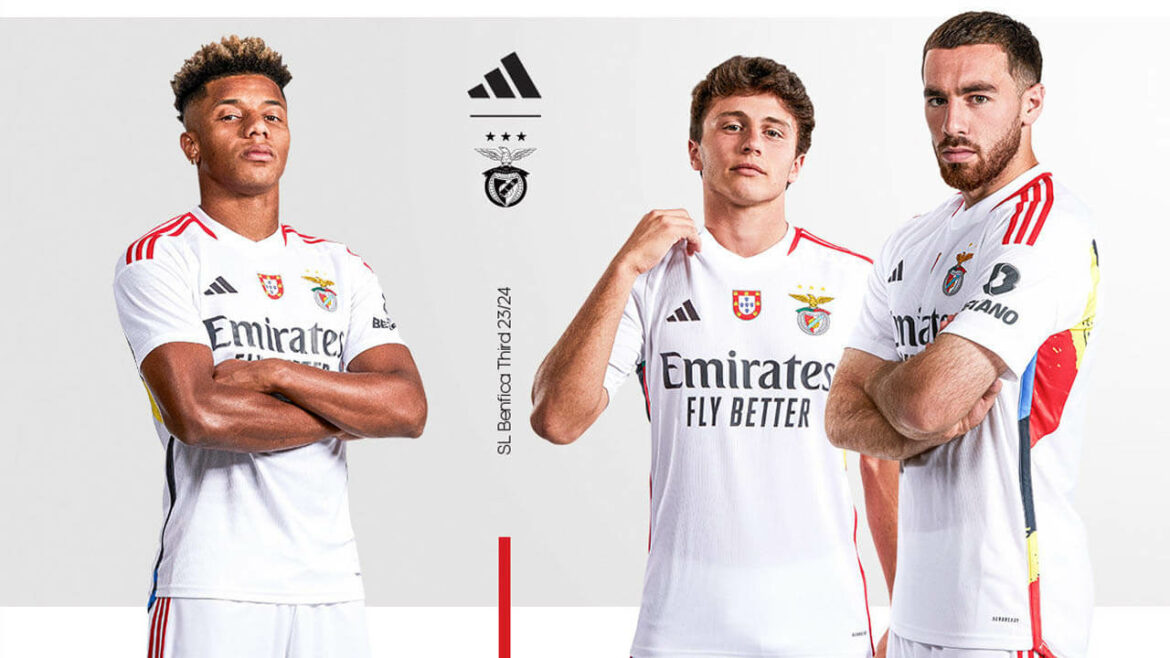 Terceira Camisa Benfica 2023/24 branca e vermelha, detalhes elegantes e inspirados nos cinco anéis olímpicos | Tevo Sports