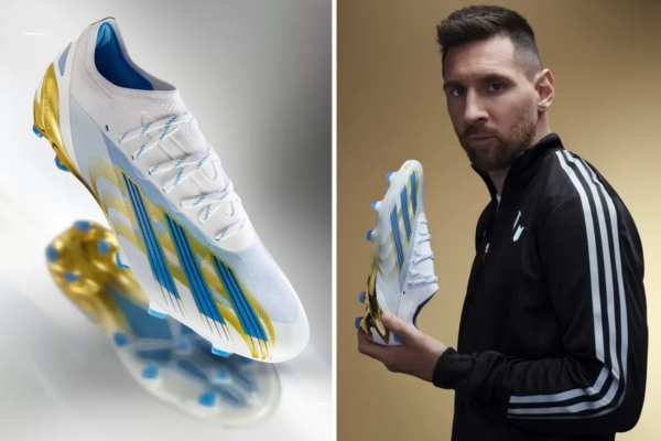 Chuteira de Campo Adidas X Crazyfast.1 FG Elite Messi Las Estrellas Branca, azul celeste e dourada - Design exclusivo inspirado na Copa do Mundo 2022, homenageando as 3 vitórias da Argentina.