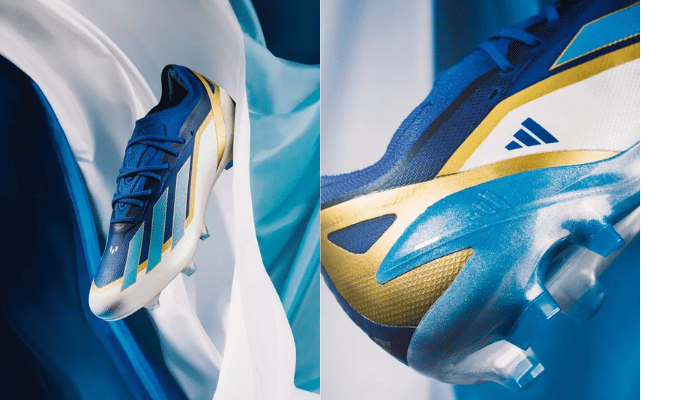 Chuteira de campo Adidas X Crazyfast.1 FG Messi 'Spark Gen10s' em azul profundo e detalhes dourados, homenageando as vitórias da seleção argentina. Uma peça única de história do futebol.