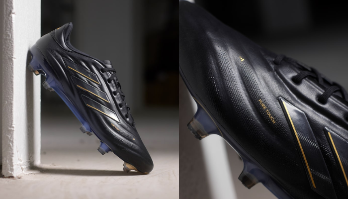 chuteira adidas Copa Pure 2 Elite FG Darkspark em preto com detalhes dourados. A chuteira possui cabedal de couro premium e ajuste anatômico em knit Primeknit. A tecnologia FusionSkin está destacada na região do contato com a bola.