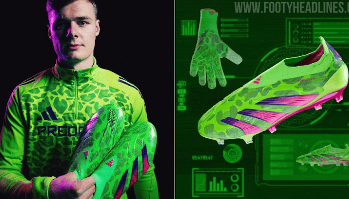 Chuteira Adidas Predator 24 Laceless FG Generation Verde/Rosa/Roxa em pé sobre grama verde. A chuteira apresenta um design verde solar com detalhes em rosa choque e roxo, incluindo um gráfico inspirado em leopardo no cabedal. As barbatanas aderentes Strikeskin são visíveis no lado medial da chuteira.