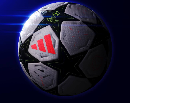 Bola de Futebol Adidas Champions League 2024/25 com design clássico de fundo branco e estrelas pretas, adornadas com estrelas “marca-texto” internas. O logo da UEFA Champions League em destaque no gomo principal e os logos da Adidas e suas tecnologias em laranja. 