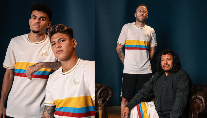 camisa comemorativa de 100 anos da Seleção Colombiana, criada pela Adidas. A camisa tem o branco como cor predominante, com uma faixa horizontal da bandeira da Colômbia no corpo, gola redonda branca, punhos brancos e detalhes do logo Adidas Originals e escudo da Federação Colombiana de Futebol bordados em branco.