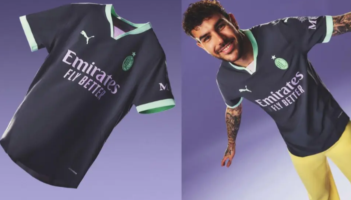 A terceira camisa do AC Milan para a temporada 2024/2025, produzida pela Puma, apresenta um design elegante em cinza escuro com detalhes em verde menta nos punhos e gola. O escudo do Milan em tom de menta, o logo da Puma em verde menta e os patrocínios da Emirates e MSC em tom de uva completam o visual. 