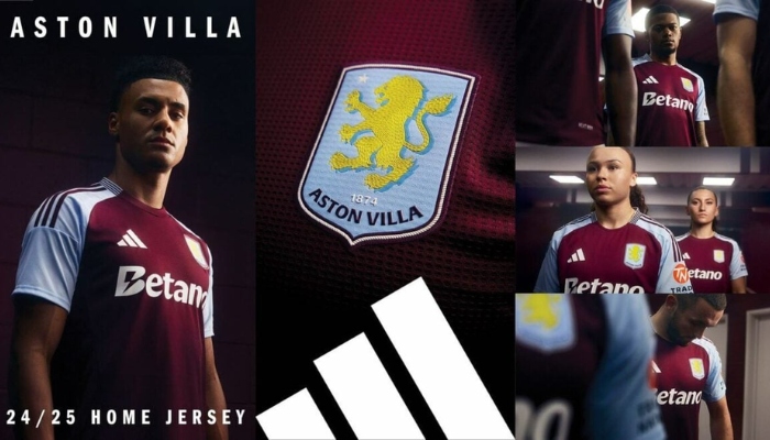 A camisa titular do Aston Villa para a temporada 2024-2025, em comemoração aos 150 anos do clube. O manto apresenta o tradicional design grená com detalhes em azul celeste e branco, incluindo as três listras da Adidas nos ombros, um selo especial de 150 anos na nuca e o novo escudo do Aston Villa no lado esquerdo do peito.