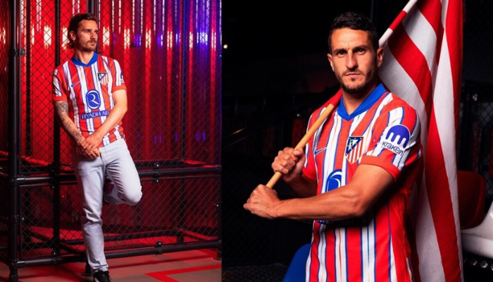 Camisa do Atlético de Madrid temporada 2024-2025, inspirada na histórica temporada 1995-1996. Apresenta o tradicional vermelho e branco, com quatro listras verticais brancas com detalhes em azul e um gradiente interno. O escudo antigo do clube, a gola azul da Nike e a bandeira da Espanha na nuca completam o design, homenageando a conquista da Copa del Rey e da La Liga.