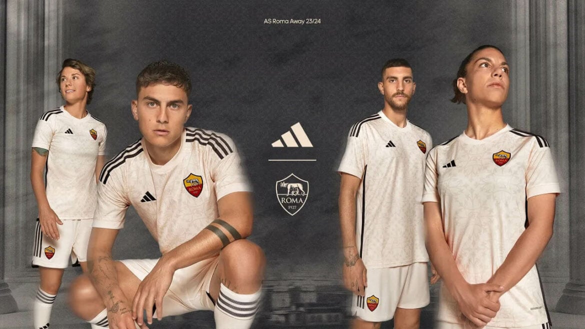 Camisa Reserva AS Roma 2023/24 creme, com design exclusivo inspirado na arquitetura romana. Estilísticos coríntios, folhas de acanto e padrões florais estilizados criam um pattern único | Tevo Sports