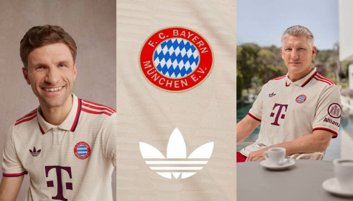 A terceira camisa do Bayern de Munque 2024/25, modelo "UCL Kit", apresenta um design elegante com cor bege predominante, gola polo com botão, detalhes em vermelho e bordô, escudo retrô, padrão jacquard com diamantes em degradê e as três listras icônicas da Adidas nos ombros.