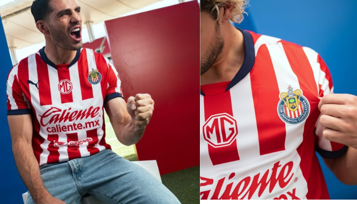 camisa titular do Chivas Guadalajara para a temporada 2024-2025, produzida pela Puma. A camisa apresenta um design predominantemente vermelho com quatro listras verticais brancas, gola azul marinho e detalhes em vermelho. O escudo do Chivas e o logo da Puma estão presentes, assim como o patrocínio master da Caliente.