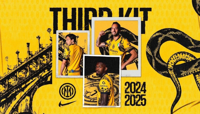 nova camisa alternativa da Inter de Milão para a temporada 2024/25. A camisa, predominantemente amarela, possui grafismos inspirados na arquitetura milanesa em preto, com a gola dividida em preto e amarelo. O logo da Nike está aplicado na vertical em preto, com um detalhe azul.