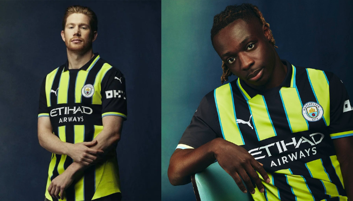 A camisa reserva do Manchester City 2024-2025, produzida pela Puma, é uma homenagem aos 25 anos da histórica vitória sobre o Gillingham em 1999. O design, com amarelo neon como base e listras verticais em azul marinho, é uma releitura fiel ao modelo original. 