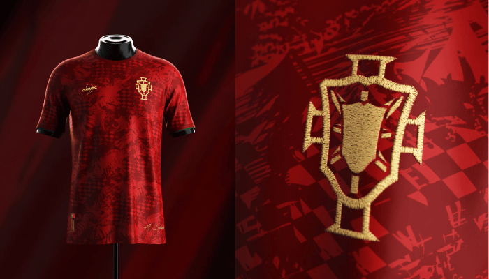 Camisa "A Seleção" da Seleção Portuguesa de Futebol. Camisa vermelha escura com estampa dinâmica inspirada no espírito português, detalhes bordados em dourado e punhos de manga de duas camadas exclusivos. Edição Limitada Euro 2024.