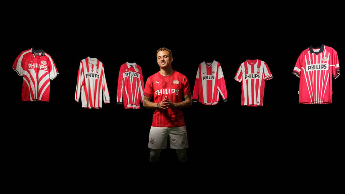 Camisa PSV 110 Anos em Vermelho com Padrão Gráfico Inspirado em Uniformes Clássicos | Tevo Sports