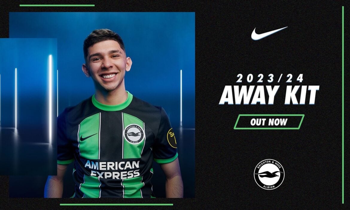 Camisa Reserva Brighton 2023/24 elegante em preto, verde e branco, esta peça é inspirada no sucesso histórico de 2012-2013 | Tevo Sports