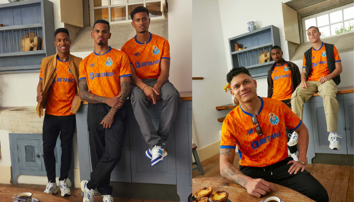 nova camisa reserva do Futebol Clube do Porto para a temporada 2024-2025, produzida pela New Balance. A camisa, predominantemente laranja, possui um design vibrante com chevrons que remetem à chama do dragão. 