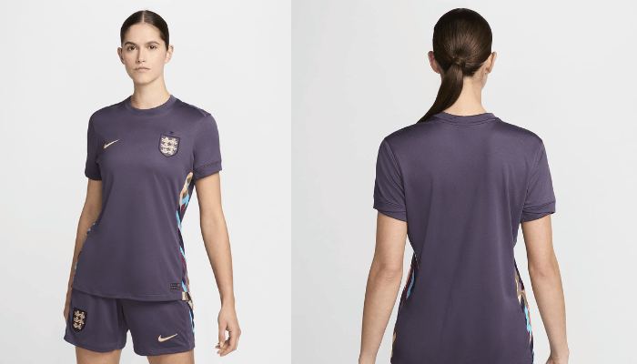 Camisa Reserva Feminina da Seleção Inglesa Nike 2024-2025. Cor: Roxo. Escudo e logo da Nike dourados. Painéis laterais com gráficos coloridos. Tecnologia Dri-FIT. Tecido leve e macio. Design oficial Nike. Perfeita para torcer pela Seleção Inglesa.