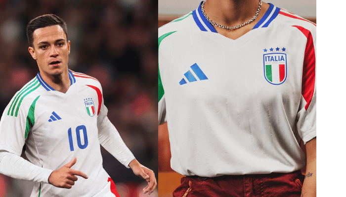  A camisa reserva da Itália 2024/25: Uma explosão de cores para celebrar a paixão pelo futebol! Vista a tradição e o orgulho italiano com a camisa reserva da seleção italiana 2024/25 da Adidas! Inspirada na paixão do país pelo futebol, a camisa branca apresenta um design vibrante com detalhes em verde, vermelho e azul, as cores da bandeira italiana.  Destaques da camisa:  Cores vibrantes: O verde, vermelho e azul da bandeira italiana se destacam em detalhes nas mangas, laterais e gola, criando um visual único e patriótico. Template moderno: O mesmo template da camisa titular garante um caimento perfeito e conforto durante o jogo. Logotipo da Adidas e escudo da FIGC: O novo logotipo da Adidas em azul royal e o escudo da FIGC em branco completam o visual autêntico da camisa. Frase inspiradora: A frase "L'Itália Chamò" na nuca celebra a paixão e a união do povo italiano. Mais do que uma camisa, um símbolo de orgulho nacional! Mostre seu amor pela Itália e vibre com a seleção durante a temporada 2024/25 com a camisa reserva oficial da Adidas.  Palavras-chave: Camisa reserva, Seleção Italiana, 2024/25, Adidas, Branca, Vermelha, Verde, Azul, Bandeira Italiana, Template moderno, Logotipo Adidas, Escudo FIGC, Frase inspiradora, Paixão, Orgulho nacional, Futebol.  Meta Title: Camisa Reserva Itália 2024/25 Adidas - Branco, Verde, Vermelho e Azul  Meta Description: Vista a paixão italiana com a camisa reserva 2024/25! Design vibrante, cores da bandeira, template moderno e frase inspiradora. Mostre seu amor pela seleção!  Nome de arquivo: camisa-reserva-italia-2024-25-adidas-branco-verde-vermelho-azul.jpg  Texto alternativo da imagem:  Camisa reserva da seleção italiana de futebol 2024/25 da Adidas. A camisa é branca com detalhes em verde, vermelho e azul, as cores da bandeira italiana. As três listas na manga direita e o arco lateral são verdes, enquanto as do lado esquerdo são vermelhas. A gola V tem a cor predominante na frente e as laterais em azul com uma fina faixa branca. Na nuca, a frase "L'Itália Chamò" é estampada em azul.