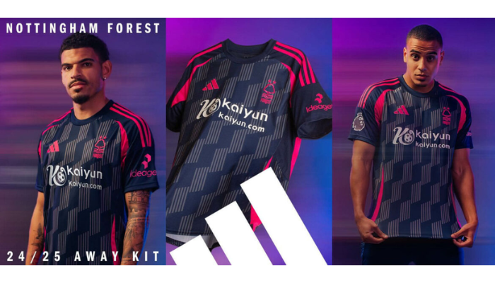 A camisa reserva do Nottingham Forest 2024-2025 apresenta um design moderno e elegante, com as cores azul marinho, cinza e rosa. As linhas em zigue-zague em tom acinzentado contrastam com os recortes rosa nas axilas e na parte inferior lateral.