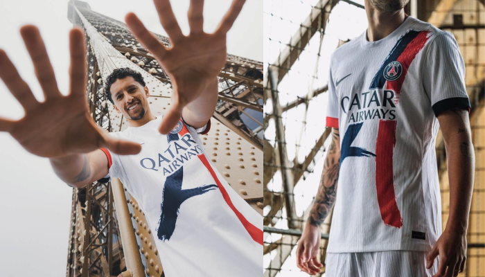 A nova camisa reserva Nike do Paris Saint-Germain para a temporada 2024-2025 é branca e apresenta um design único com a Torre Eiffel estilizada em azul marinho e vermelho, cobrindo quase toda a frente do corpo. A gola redonda é branca, enquanto os punhos são coloridos em vermelho e azul, respectivamente. Na nuca, a bandeira francesa é vista de forma estilizada. 