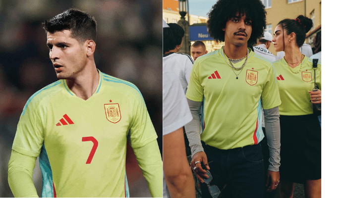 Camisa Reserva da Seleção Espanhola 2024/25 Adidas. A camisa é predominantemente amarela neon, com detalhes em azul celeste e vermelho. As laterais da camisa apresentam um design em ondas em tons de azul celeste, enquanto os arcos do modelo são vermelhos.