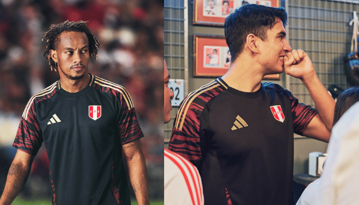 Camisa reserva oficial da Seleção Peruana Adidas 2024-2025. Preta com padrão ondulado em grená nas mangas e arcos laterais, três listras douradas nas mangas, logo da Adidas dourado no lado direito do peito e logo da Federação Peruana no lado esquerdo do peito. 