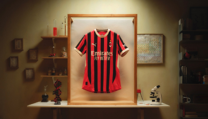 Camisa titular do AC Milan para a temporada 2024-25. As listras vermelhas e pretas tradicionais do clube são adornadas com detalhes brancos na gola, punhos e painéis laterais. Um emblema especial nas costas da camisa comemora o 125º aniversário do clube. 