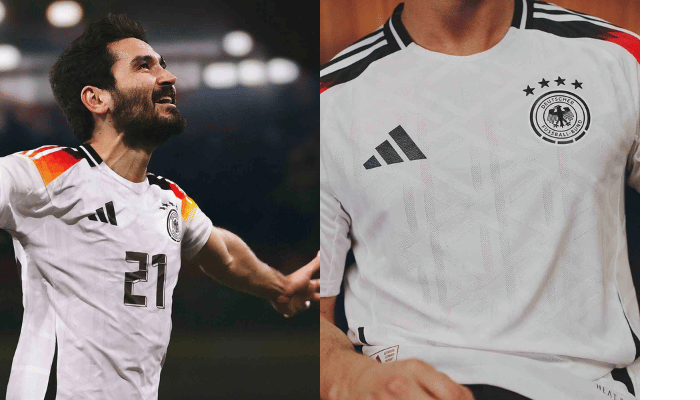 Camisa titular da seleção alemã para a Euro 2024. Camisa branca com degradê nas cores da bandeira alemã nos ombros, logo da DFB em sequência jacquard por toda a camisa, gola redonda com a inscrição "Deutschland" na nuca, três listras brancas nas mangas, escudo da DFB e logo da Adidas em preto.