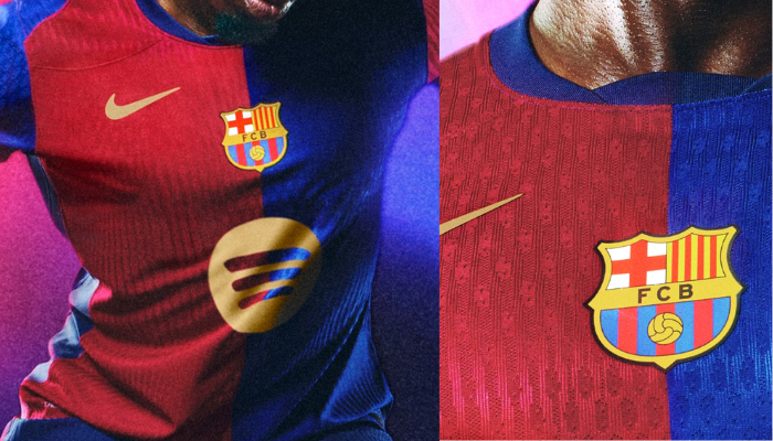 Camisa Titular Nike do Barcelona para a temporada 2024-2025. A camisa é dividida em duas cores: azul marinho à esquerda e bordô à direita. As mangas são alternadas, com cada lado na cor oposta do corpo da camisa. O escudo do Barça está aplicado de forma centralizada no peito, enquanto o logo da Nike aparece em dourado no lado direito.