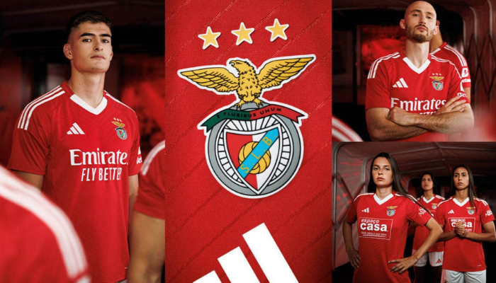 A nova camisa titular do Benfica para a temporada 2024-2025 é apresentada em vermelho vibrante com chevrons em embossing na parte frontal. A gola V branca celebra 50 anos desde sua estreia na conquista do título português de 1974/75.