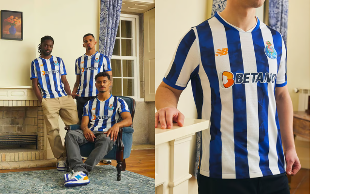 A nova camisa titular do FC Porto 2024-2025 New Balance apresenta um design inovador com listras azuis e brancas estilizadas em grafismo de fumaça, representando o Dragão, símbolo do clube e da cidade. A gola é azul e branca, enquanto os punhos são azuis. 