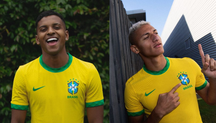 Camisa titular da Seleção Brasileira 2020-2021 Nike. A camisa é amarela com gola verde e detalhes em losangos. O novo escudo da CBF está no lado esquerdo e o logo da Nike em verde no lado direito. Dentro da gola, um selo comemora os 50 anos do tricampeonato mundial. Nas costas, a numeração é retrô e inspirada nas camisas Athleta da Copa de 1970.