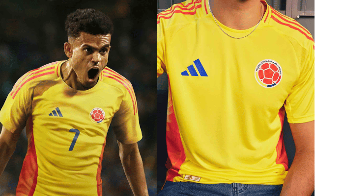 Camisa titular da seleção colombiana 2024/25 Adidas. Camisa amarela vibrante com detalhes em laranja nas laterais e na barra traseira, inspirado na fênix. As três listras da Adidas nas mangas e na faixa da nuca completam o visual.